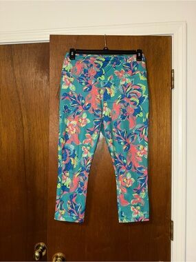 ZELOS Tropical Print Capri Leggings - Teal, Coral & Neon Yellow